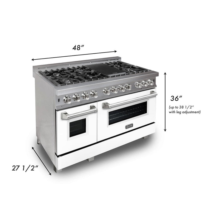 ZLINE 48 in. 6.0 cu. ft. Legacy Dual Fuel Range with 7 Burner Gas Cooktop and 2 Electric Ovens in Satin Stainless Steel with White Matte Doors and Griddle (RAS-WM-GR-48)