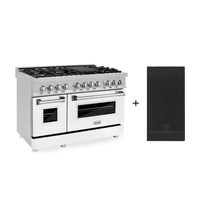 ZLINE 48 in. 6.0 cu. ft. Legacy Dual Fuel Range with 7 Burner Gas Cooktop and 2 Electric Ovens in Satin Stainless Steel with White Matte Doors and Griddle (RAS-WM-GR-48)