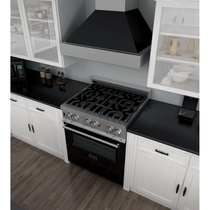 ZLINE 30 in. 4.0 cu. ft. Legacy Dual Fuel Range with 4 Burner Gas Cooktop and Electric Convection Oven in Satin Stainless Steel and Black Matte Door (RAS-BLM-30)
