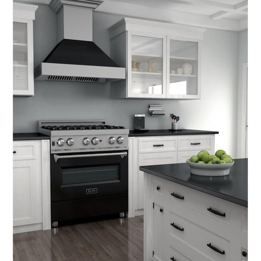 ZLINE 30 in. 4.0 cu. ft. Legacy Dual Fuel Range with 4 Burner Gas Cooktop and Electric Convection Oven in Satin Stainless Steel and Black Matte Door (RAS-BLM-30)