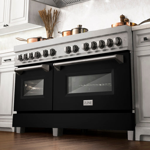 ZLINE 60 in. 7.4 cu. ft. Legacy Dual Fuel Range with 9 Burner Gas Cooktop and 2 Electric Convection Ovens in Satin Stainless Steel and Black Matte Doors (RAS-BLM-60)