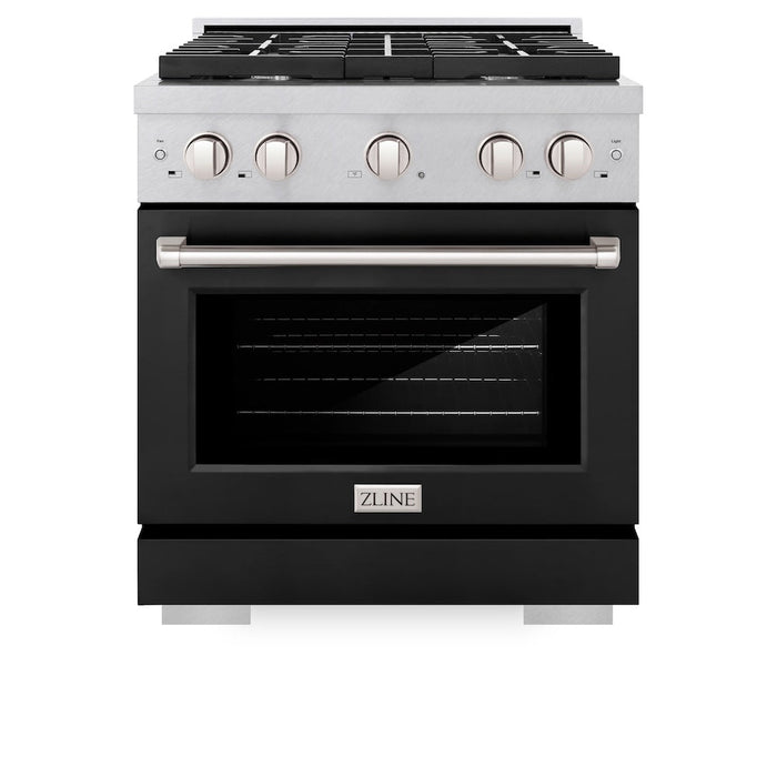 ZLINE 30 in. 4.2 cu. ft. Paramount Dual Fuel Range with 4 Burner Gas Cooktop and Electric Convection Oven in Satin Stainless Steel with Black Matte Door (SDRS-BLM-30)