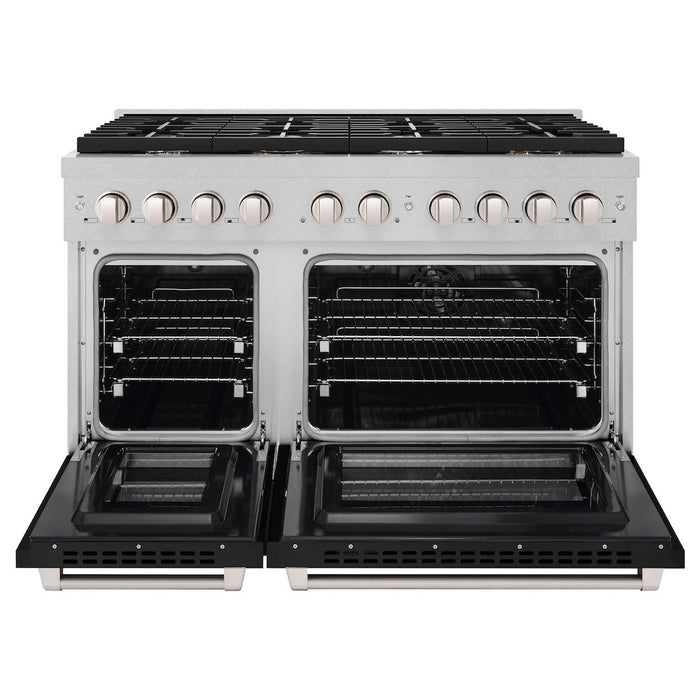 ZLINE 48 in. 6.7 cu. ft. Paramount Double Oven Dual Fuel Range with 8 Burner Gas Cooktop in Satin Stainless Steel with Black Matte Doors (SDRS-BLM-48)
