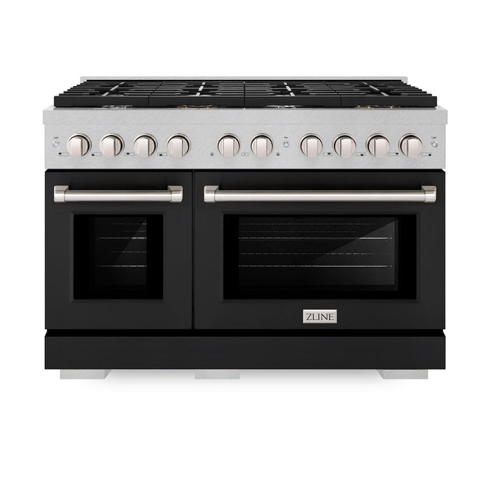 ZLINE 48 in. 6.7 cu. ft. Paramount Double Oven Dual Fuel Range with 8 Burner Gas Cooktop in Satin Stainless Steel with Black Matte Doors (SDRS-BLM-48)