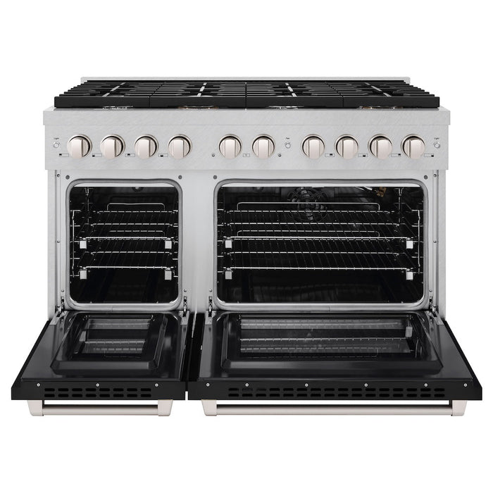 ZLINE 48 in. 6.7 cu. ft. Paramount Double Oven Gas Range with 8 Burner Cooktop in Satin Stainless Steel with Black Matte Doors (SGRS-BLM-48)