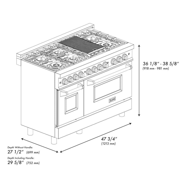 ZLINE 48 in. 6.0 cu. ft. Legacy Dual Fuel Range with 7 Burner Gas Cooktop and 2 Electric Ovens in Stainless Steel with Satin Stainless Steel Doors (RA-SN-48)