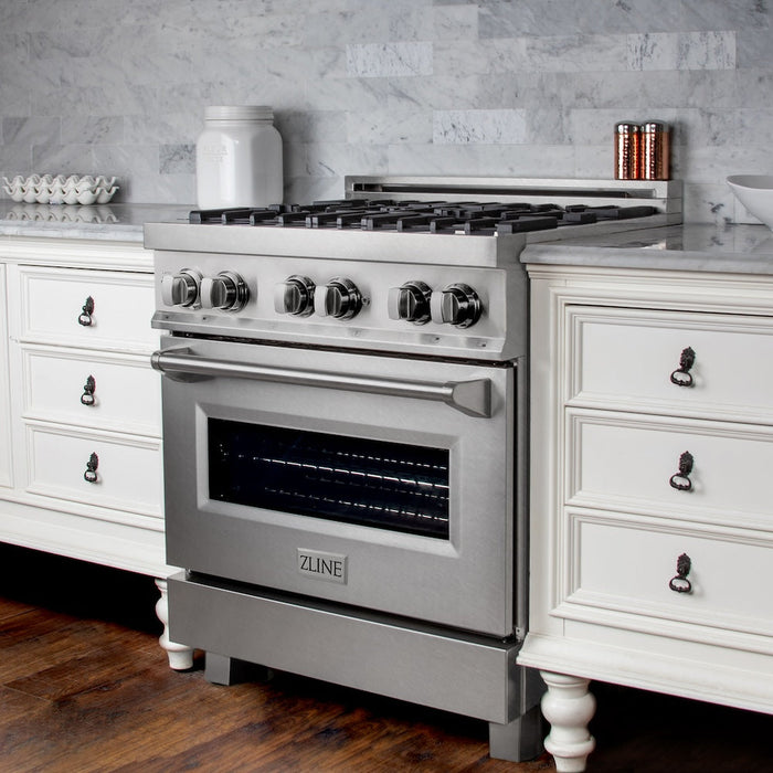 ZLINE 30 in. 4.0 cu. ft. Legacy Dual Fuel Range with 4 Burner Gas Cooktop and Electric Convection Oven in Satin Stainless Steel (RAS-SN-30)