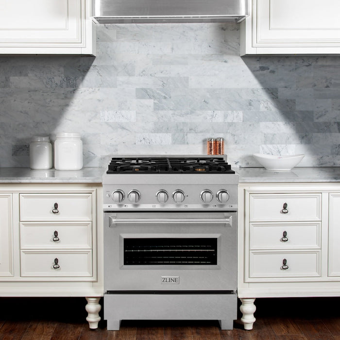 ZLINE 30 in. 4.0 cu. ft. Legacy Dual Fuel Range with Gas Cooktop and Electric Convection Oven in Satin Stainless Steel with 4 Brass Burners (RAS-SN-BR-30)