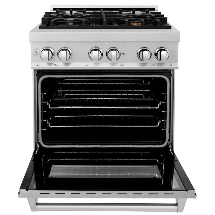 ZLINE 30 in. 4.0 cu. ft. Legacy Dual Fuel Range with Gas Cooktop and Electric Convection Oven in Satin Stainless Steel with 4 Brass Burners (RAS-SN-BR-30)