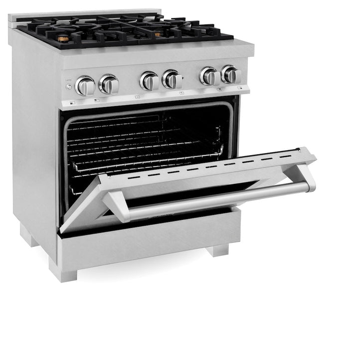 ZLINE 30 in. 4.0 cu. ft. Legacy Dual Fuel Range with Gas Cooktop and Electric Convection Oven in Satin Stainless Steel with 4 Brass Burners (RAS-SN-BR-30)