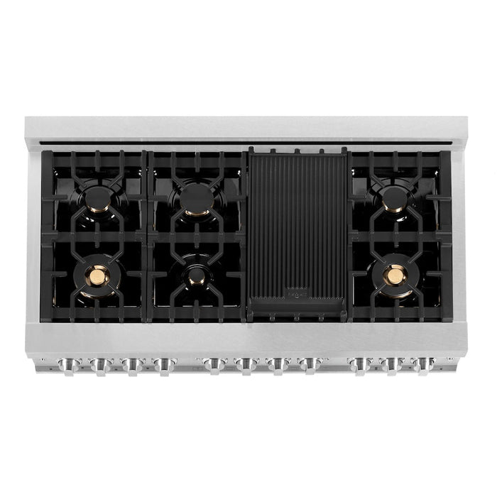ZLINE 48 in. 6.0 cu. ft. Legacy Dual Fuel Range with Gas Cooktop and 2 Electric Ovens in Satin Stainless Steel with 6 Brass Burners (RAS-SN-BR-48)