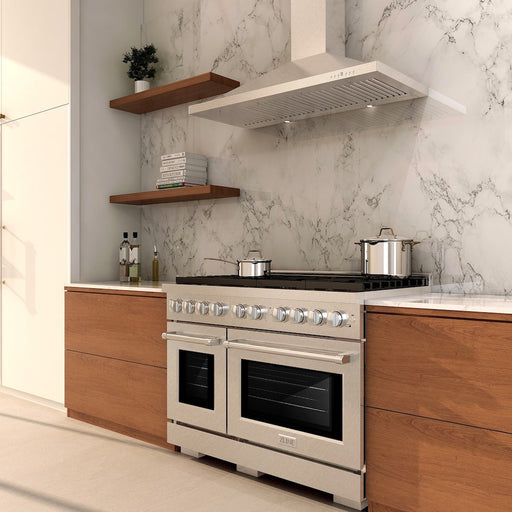 ZLINE 48 in. 6.7 cu. ft. Paramount Double Oven Dual Fuel Range with 8 Burner Gas Cooktop in Satin Stainless Steel (SDRS-48)