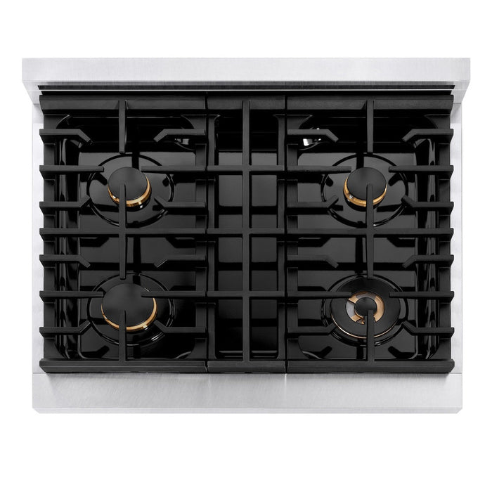 ZLINE 30 in. 4.2 cu. ft. Paramount Dual Fuel Range with Gas Cooktop and Electric Convection Oven in Satin Stainless Steel with 4 Brass Burners (SDRS-BR-30)
