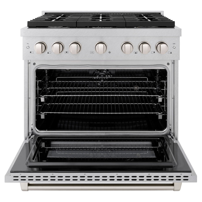 ZLINE 36 in. 5.2 cu. ft. Paramount Dual Fuel Range with Gas Cooktop and Electric Convection Oven in Satin Stainless Steel with 6 Brass Burners (SDRS-BR-36)