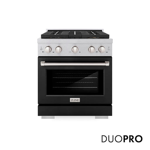 ZLINE 30 in. 4.2 cu. ft. Paramount Dual Fuel Range with 4 Burner DuoPro™ Cooktop and Electric Convection Oven in Satin Stainless Steel with Black Matte Door (PSDRS-BLM-30)