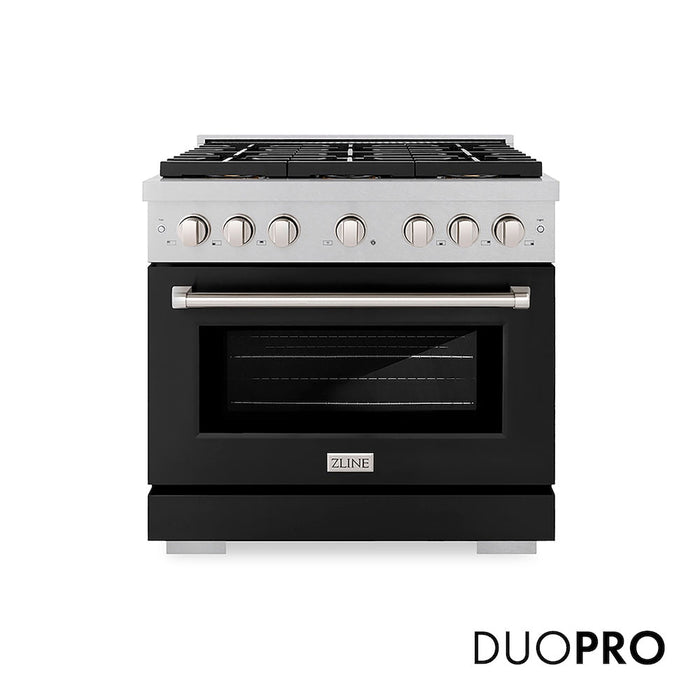 ZLINE 36 in. 5.2 cu. ft. Paramount Dual Fuel Range with 6 Burner DuoPro™ Cooktop and Electric Convection Oven in Satin Stainless Steel with Black Matte Door (PSDRS-BLM-36)