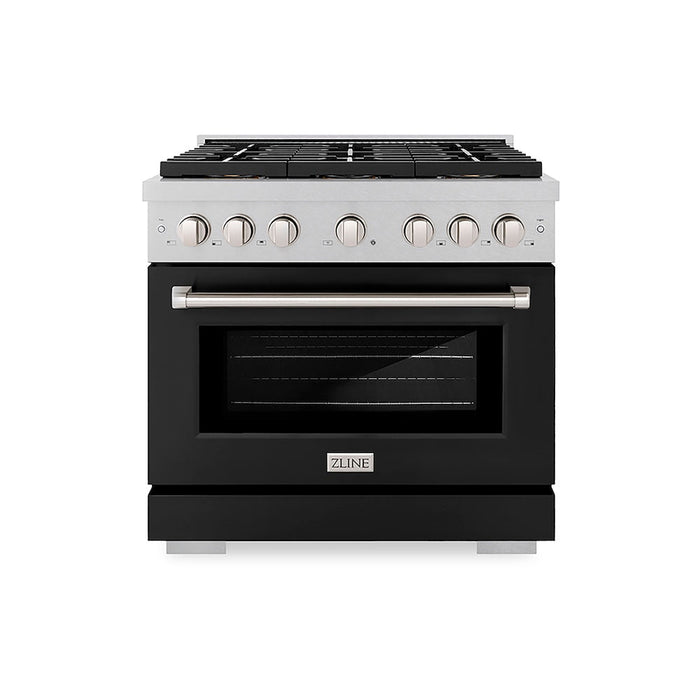 ZLINE 36 in. 5.2 cu. ft. Paramount Dual Fuel Range with 6 Burner DuoPro™ Cooktop and Electric Convection Oven in Satin Stainless Steel with Black Matte Door (PSDRS-BLM-36)