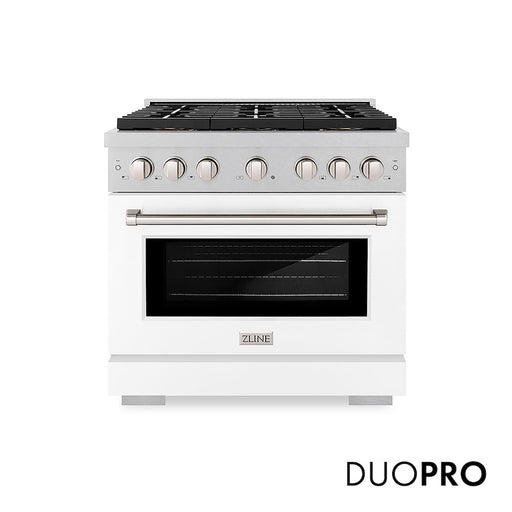 ZLINE 36 in. 5.2 cu. ft. Paramount Dual Fuel Range with 6 Burner DuoPro™ Cooktop and Electric Convection Oven in Satin Stainless Steel with White Matte Door (PSDRS-WM-36)