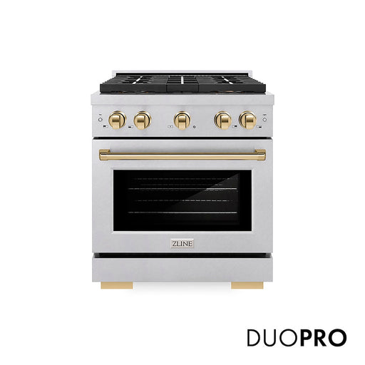 ZLINE Autograph Edition 30 in. 4.2 cu. ft. Paramount Dual Fuel Range with 4 Burner DuoPro™ Cooktop and Electric Convection Oven in Satin Stainless Steel and Polished Gold Accents (PSDRSZ-30-G)
