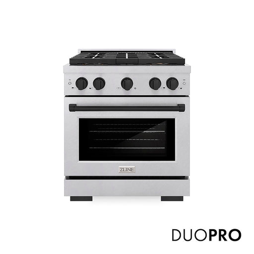 ZLINE Autograph Edition 30 in. 4.2 cu. ft. Paramount Dual Fuel Range with 4 Burner DuoPro™ Cooktop and Electric Convection Oven in Satin Stainless Steel and Matte Black Accents (PSDRSZ-30-MB)