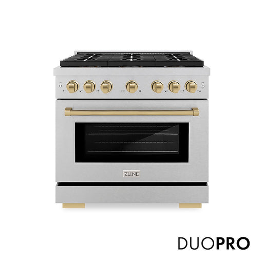ZLINE Autograph Edition 36 in. 5.2 cu. ft. Paramount Dual Fuel Range with 6 Burner DuoPro™ Cooktop and Electric Convection Oven in Satin Stainless Steel and Champagne Bronze Accents (PSDRSZ-36-CB)