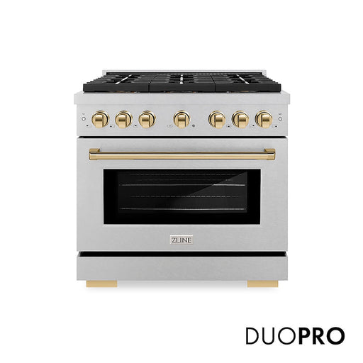 ZLINE Autograph Edition 36 in. 5.2 cu. ft. Paramount Dual Fuel Range with 6 Burner DuoPro™ Cooktop and Electric Convection Oven in Satin Stainless Steel and Polished Gold Accents (PSDRSZ-36-G)