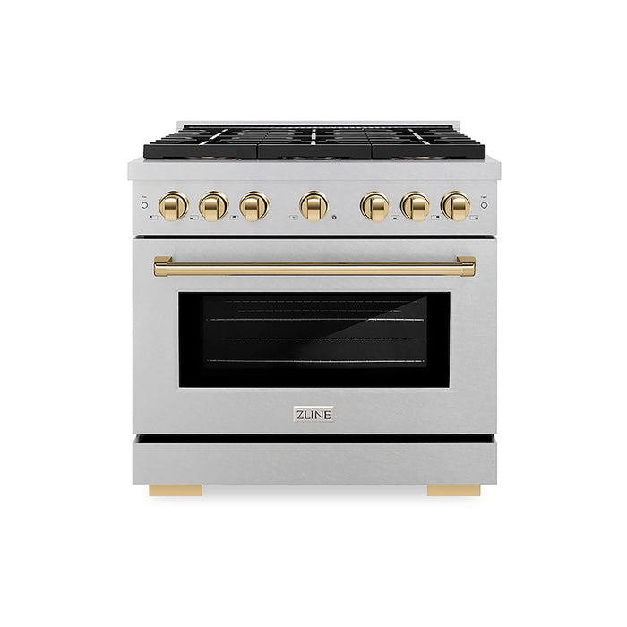 ZLINE Autograph Edition 36 in. 5.2 cu. ft. Paramount Dual Fuel Range with 6 Burner DuoPro™ Cooktop and Electric Convection Oven in Satin Stainless Steel and Polished Gold Accents (PSDRSZ-36-G)