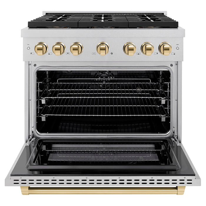 ZLINE Autograph Edition 36 in. 5.2 cu. ft. Paramount Dual Fuel Range with 6 Burner DuoPro™ Cooktop and Electric Convection Oven in Satin Stainless Steel and Polished Gold Accents (PSDRSZ-36-G)