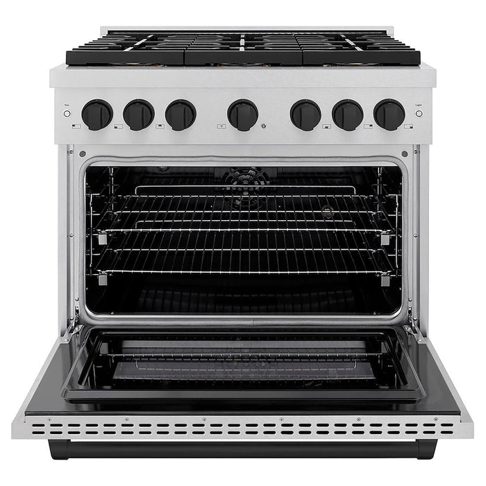 ZLINE Autograph Edition 36 in. 5.2 cu. ft. Paramount Dual Fuel Range with 6 Burner DuoPro™ Cooktop and Electric Convection Oven in Satin Stainless Steel and Matte Black Accents (PSDRSZ-36-MB)