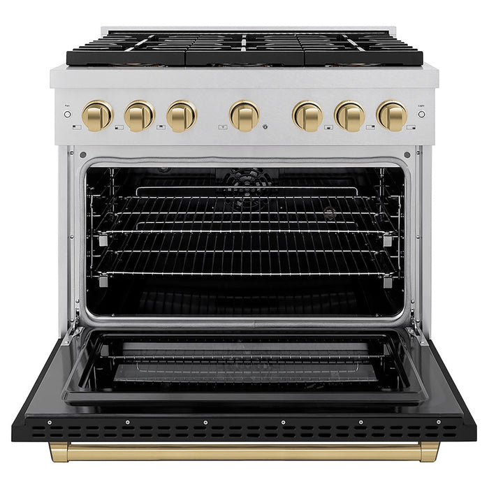 ZLINE Autograph Edition 36 in. 5.2 cu. ft. Paramount Dual Fuel Range with 6 Burner DuoPro™ Cooktop and Electric Convection Oven in Satin Stainless Steel with Black Matte Door and Champagne Bronze Accents (PSDRSZ-BLM36-CB)
