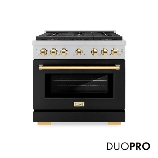 ZLINE Autograph Edition 36 in. 5.2 cu. ft. Paramount Dual Fuel Range with 6 Burner DuoPro™ Cooktop and Electric Convection Oven in Satin Stainless Steel with Black Matte Door and Polished Gold Accents (PSDRSZ-BLM36-G)