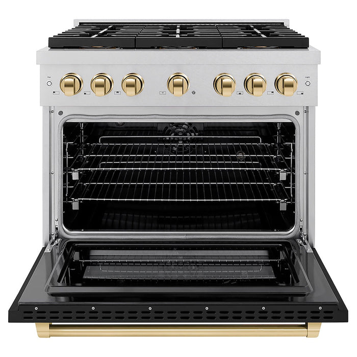 ZLINE Autograph Edition 36 in. 5.2 cu. ft. Paramount Dual Fuel Range with 6 Burner DuoPro™ Cooktop and Electric Convection Oven in Satin Stainless Steel with Black Matte Door and Polished Gold Accents (PSDRSZ-BLM36-G)