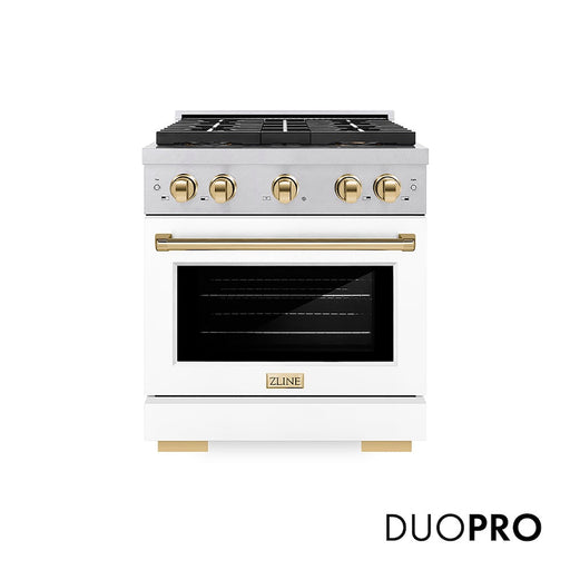 ZLINE Autograph Edition 30 in. 4.2 cu. ft. Paramount Dual Fuel Range with 4 Burner DuoPro™ Cooktop and Electric Convection Oven in Satin Stainless Steel with White Matte Door and Polished Gold Accents (PSDRSZ-WM-30-G)