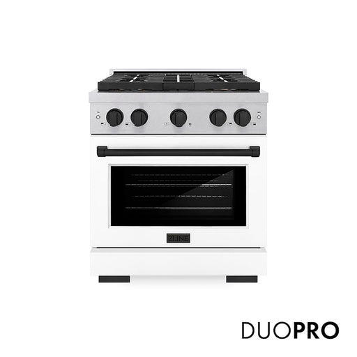ZLINE Autograph Edition 30 in. 4.2 cu. ft. Paramount Dual Fuel Range with 4 Burner DuoPro™ Cooktop and Electric Convection Oven in Satin Stainless Steel with White Matte Door and Matte Black Accents (PSDRSZ-WM-30-MB)