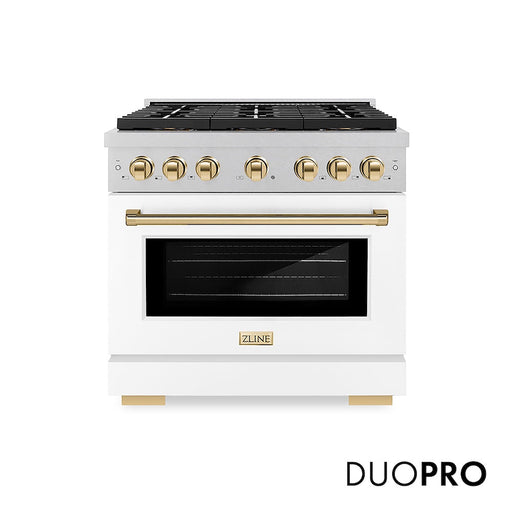ZLINE Autograph Edition 36 in. 5.2 cu. ft. Paramount Dual Fuel Range with 6 Burner DuoPro™ Cooktop and Electric Convection Oven in Satin Stainless Steel with White Matte Door and Polished Gold Accents (PSDRSZ-WM-36-G)