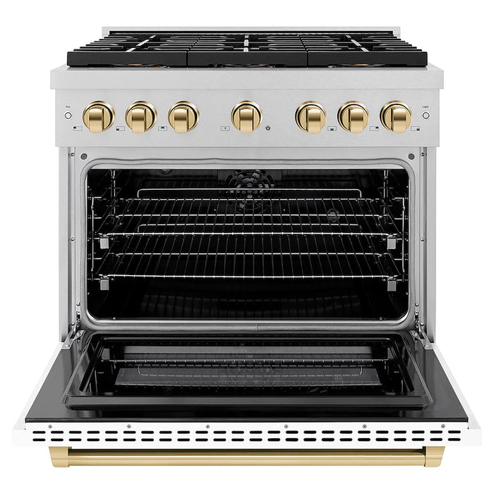 ZLINE Autograph Edition 36 in. 5.2 cu. ft. Paramount Dual Fuel Range with 6 Burner DuoPro™ Cooktop and Electric Convection Oven in Satin Stainless Steel with White Matte Door and Polished Gold Accents (PSDRSZ-WM-36-G)
