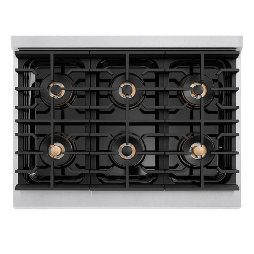ZLINE Autograph Edition 36 in. 5.2 cu. ft. Paramount Dual Fuel Range with 6 Burner DuoPro™ Cooktop and Electric Convection Oven in Satin Stainless Steel with White Matte Door and Polished Gold Accents (PSDRSZ-WM-36-G)