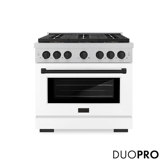 ZLINE Autograph Edition 36 in. 5.2 cu. ft. Paramount Dual Fuel Range with 6 Burner DuoPro™ Cooktop and Electric Convection Oven in Satin Stainless Steel with White Matte Door and Matte Black Accents (PSDRSZ-WM-36-MB)