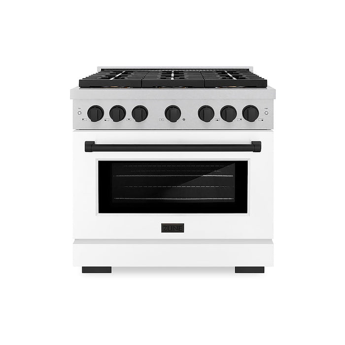 ZLINE Autograph Edition 36 in. 5.2 cu. ft. Paramount Dual Fuel Range with 6 Burner DuoPro™ Cooktop and Electric Convection Oven in Satin Stainless Steel with White Matte Door and Matte Black Accents (PSDRSZ-WM-36-MB)