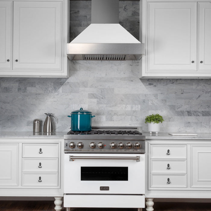 ZLINE 30 in. 4.0 cu. ft. Legacy Dual Fuel Range with 4 Burner Gas Cooktop and Electric Convection Oven in Satin Stainless Steel and White Matte Door (RAS-WM-30)