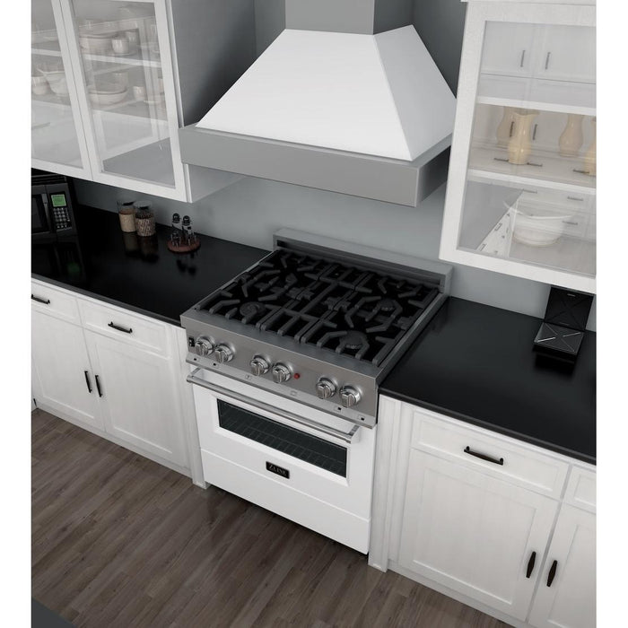 ZLINE 30 in. 4.0 cu. ft. Legacy Dual Fuel Range with 4 Burner Gas Cooktop and Electric Convection Oven in Satin Stainless Steel and White Matte Door (RAS-WM-30)