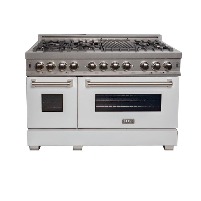 ZLINE 48 in. 6.0 cu. ft. Legacy Dual Fuel Range with 7 Burner Gas Cooktop and 2 Electric Ovens in Satin Stainless Steel and White Matte Doors (RAS-WM-48)