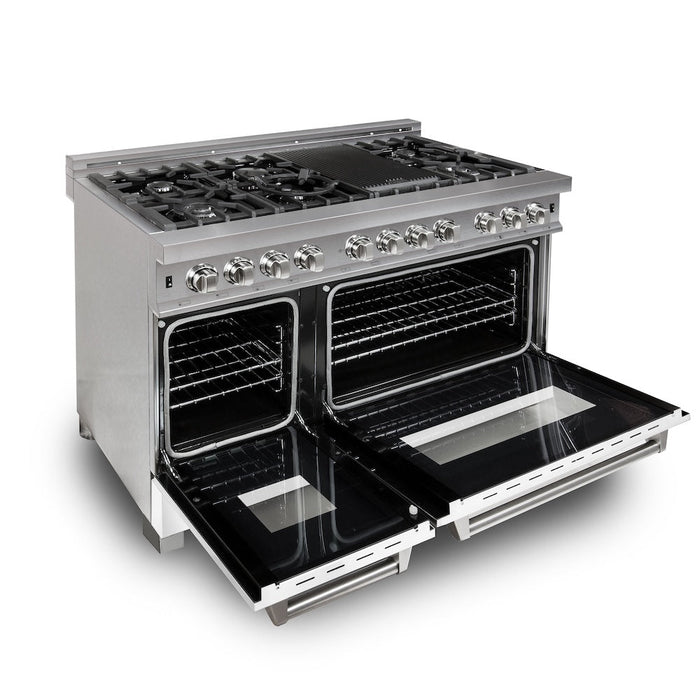 ZLINE 48 in. 6.0 cu. ft. Legacy Dual Fuel Range with 7 Burner Gas Cooktop and 2 Electric Ovens in Satin Stainless Steel and White Matte Doors (RAS-WM-48)