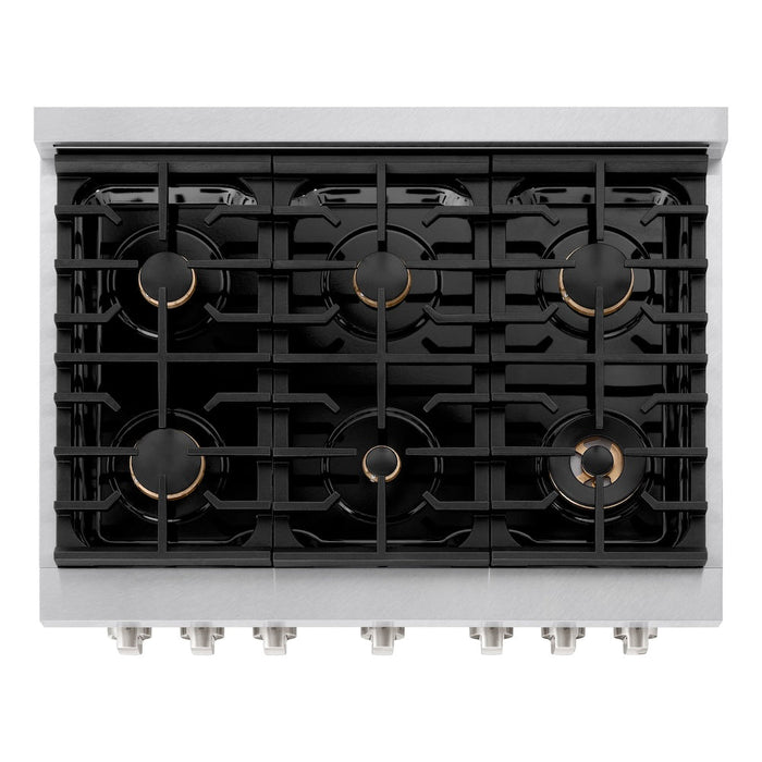 ZLINE 36 in. 5.2 cu. ft. Paramount Gas Range with Convection Gas Oven in Satin Stainless Steel with 6 Brass Burners (SGRS-BR-36)