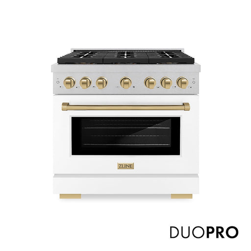 ZLINE Autograph Edition 36 in. 5.2 cu. ft. Paramount Dual Fuel Range with 6 Burner DuoPro™ Cooktop and Electric Convection Oven in Satin Stainless Steel with White Matte Door and Champagne Bronze Accents (PSDRSZ-WM-36-CB)