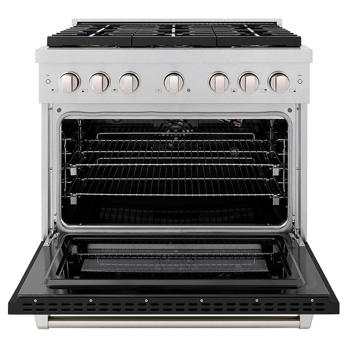 ZLINE 36 in. 5.2 cu. ft. Paramount Gas Range with 6 Burner DuoPro™ Cooktop and Convection Gas Oven in Satin Stainless Steel with Black Matte Door (PSGRS-BLM-36)