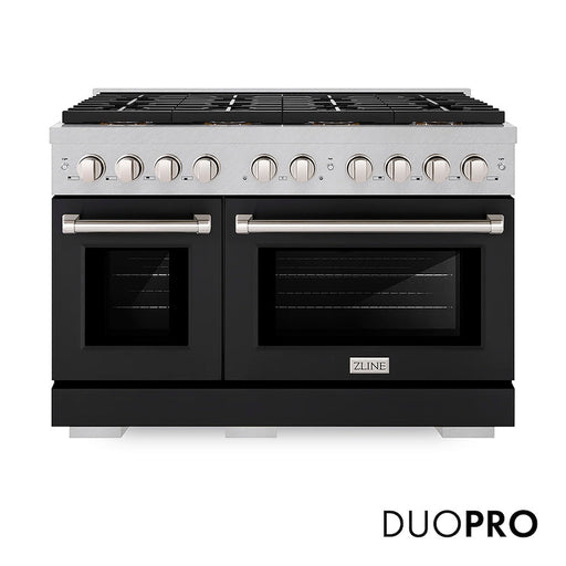 ZLINE 48 in. 6.7 cu. ft. Paramount Gas Range with 8 Burner DuoPro™ Cooktop and Dual Ovens in Satin Stainless Steel with Black Matte Doors (PSGRS-BLM-48)