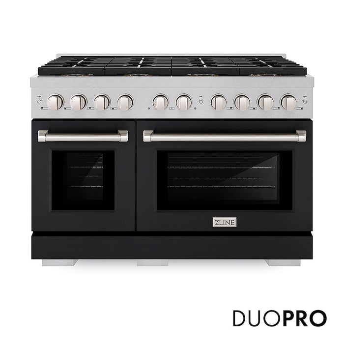 ZLINE 48 in. 6.7 cu. ft. Paramount Gas Range with 8 Burner DuoPro™ Cooktop and Dual Ovens in Satin Stainless Steel with Black Matte Doors (PSGRS-BLM-48)