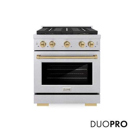 ZLINE Autograph Edition 30 in. 4.2 cu. ft. Paramount Gas Range with 4 Burner DuoPro™ Cooktop and Convection Gas Oven in Satin Stainless Steel and Champagne Bronze Accents (PSGRSZ-30-CB)