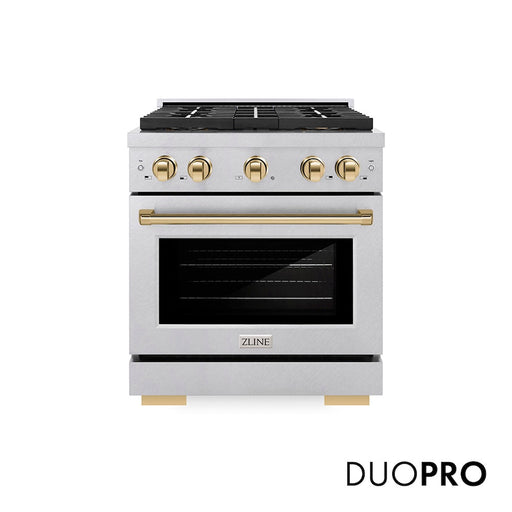 ZLINE Autograph Edition 30 in. 4.2 cu. ft. Paramount Gas Range with 4 Burner DuoPro™ Cooktop and Convection Gas Oven in Satin Stainless Steel and Polished Gold Accents (PSGRSZ-30-G)